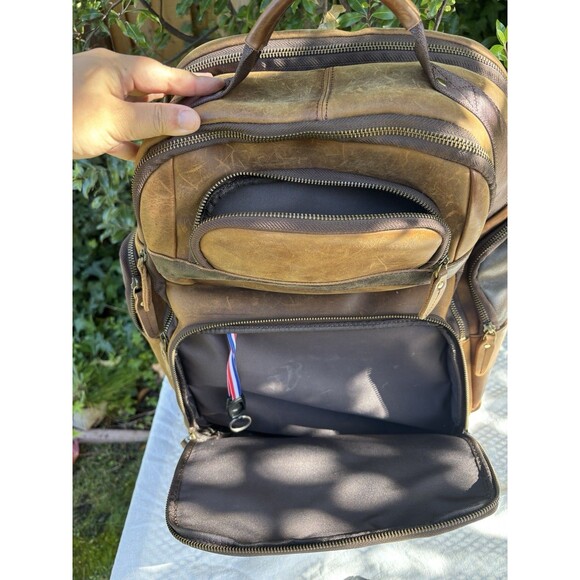 TIDING Full Grain Leather Backpack Travel Laptop Bag 15.6” Large Capacity Brown - Picture 13 of 16